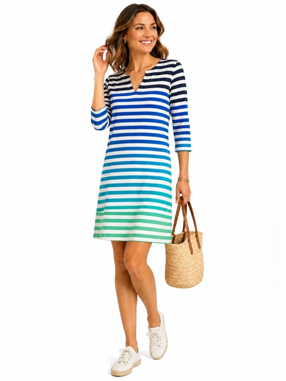 Hatley Womens Striped Dress Blue Green White Size Large Knee Length Knit